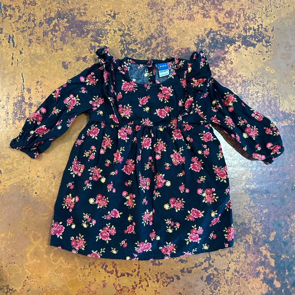 Floral Fall Kids Dress Black with Pink Flowers